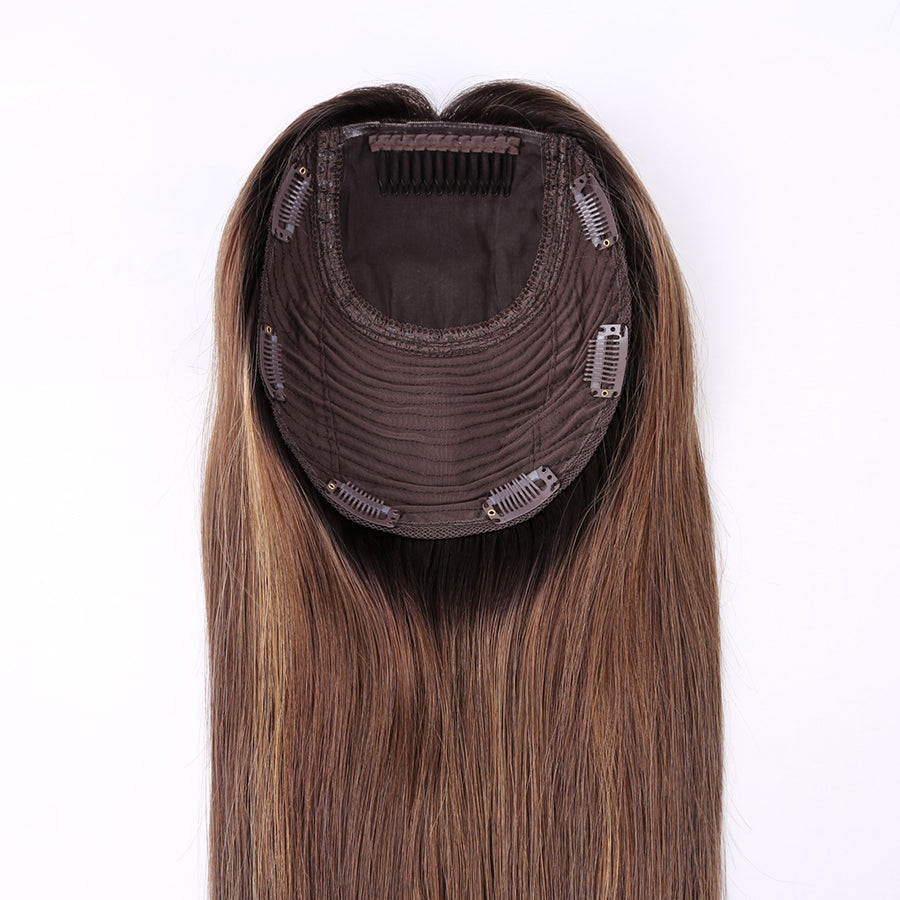Salvihair-Topper-A05,Real hairTopper ,14inch Dark roots brown Ombre  color injection top hairpiece , soft hair topper ,130% density ,150% density ,more natural cuticle raw human hair ,Hight quality ,factory direct price（副本）