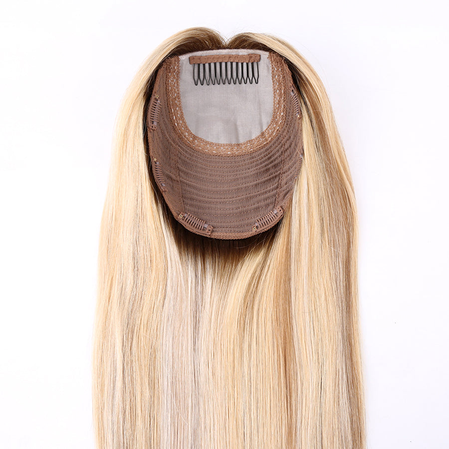 Salvihair-Topper-A02  ,Injection top hairpiece , 100% human hair ,Chinese cuticle virgin hair ,130%density ,Dark roots and blond color 12" 14" 16"